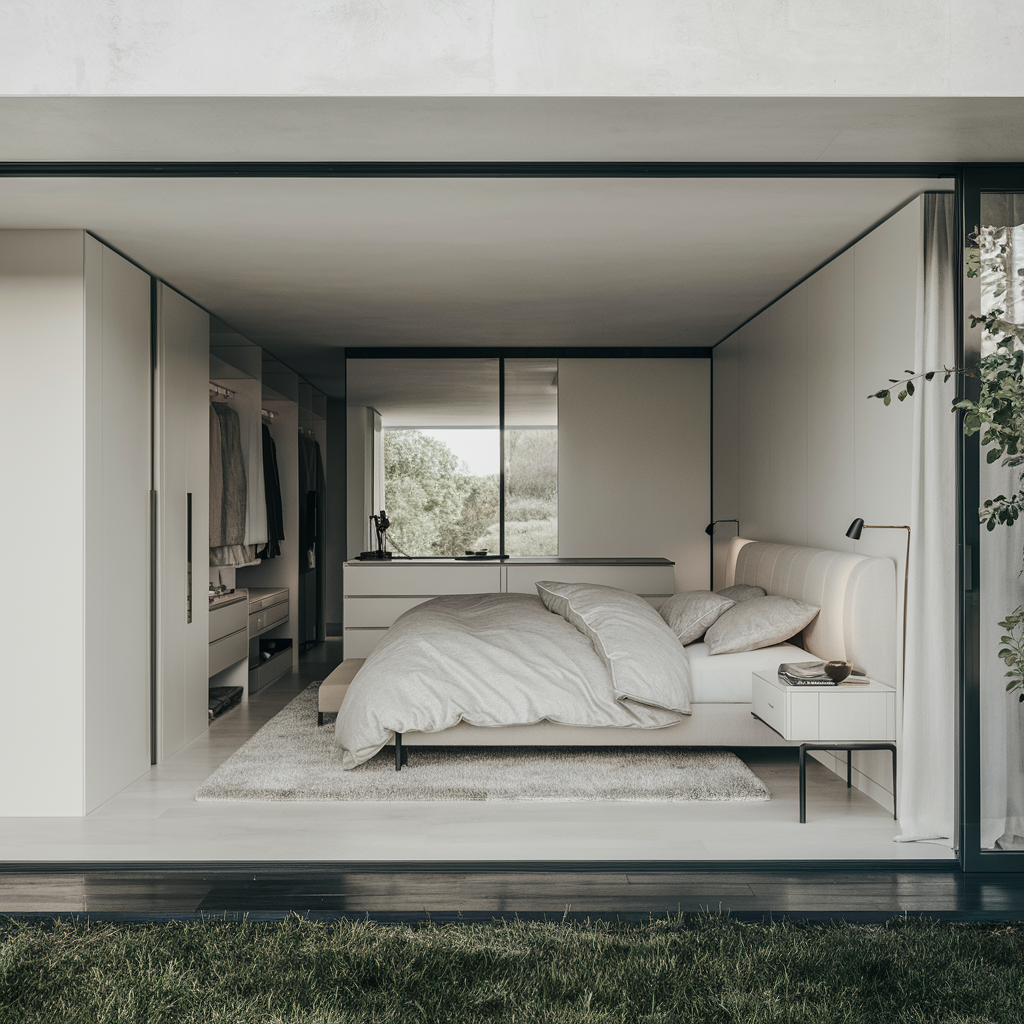 A stunning modern bedroom design featuring a spacious, minimalistic room with a white and gray color scheme. 