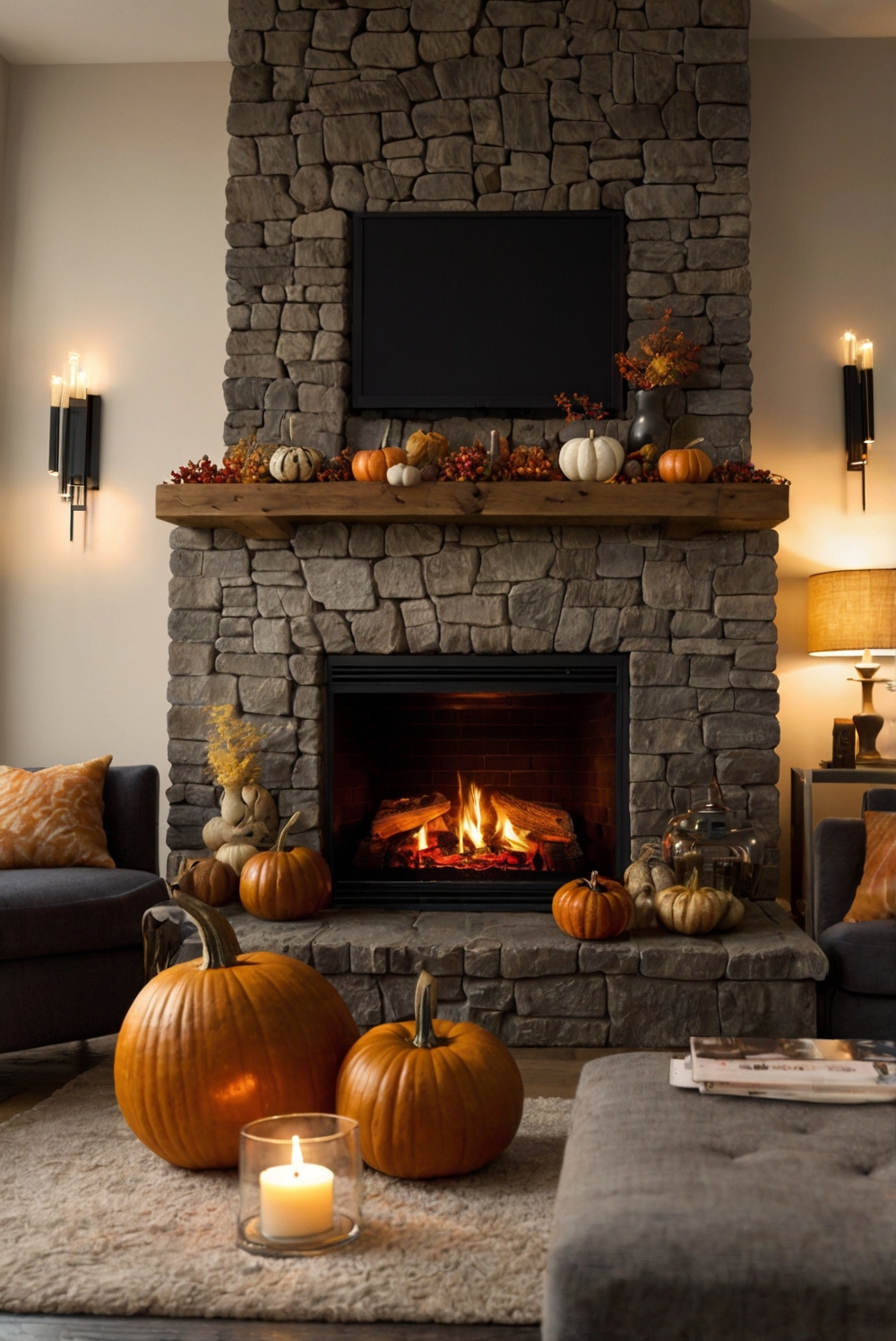 fireplace decor, cozy ambiance, fall decorations, autumn home decor, warm and inviting