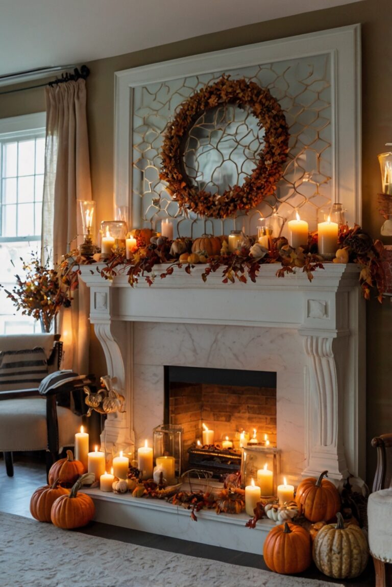 Fall mantel decor, Autumn fireplace decorations, Seasonal mantle styling, Home interior accessories, Holiday mantelpiece ideas