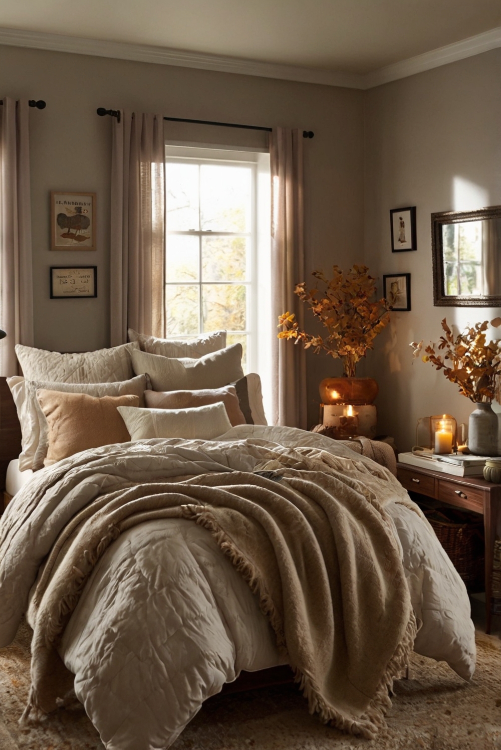 Cozy bedroom decor, Fall bedroom design, Bedroom inspiration ideas, Warm bedroom decor, Autumn bedroom styling