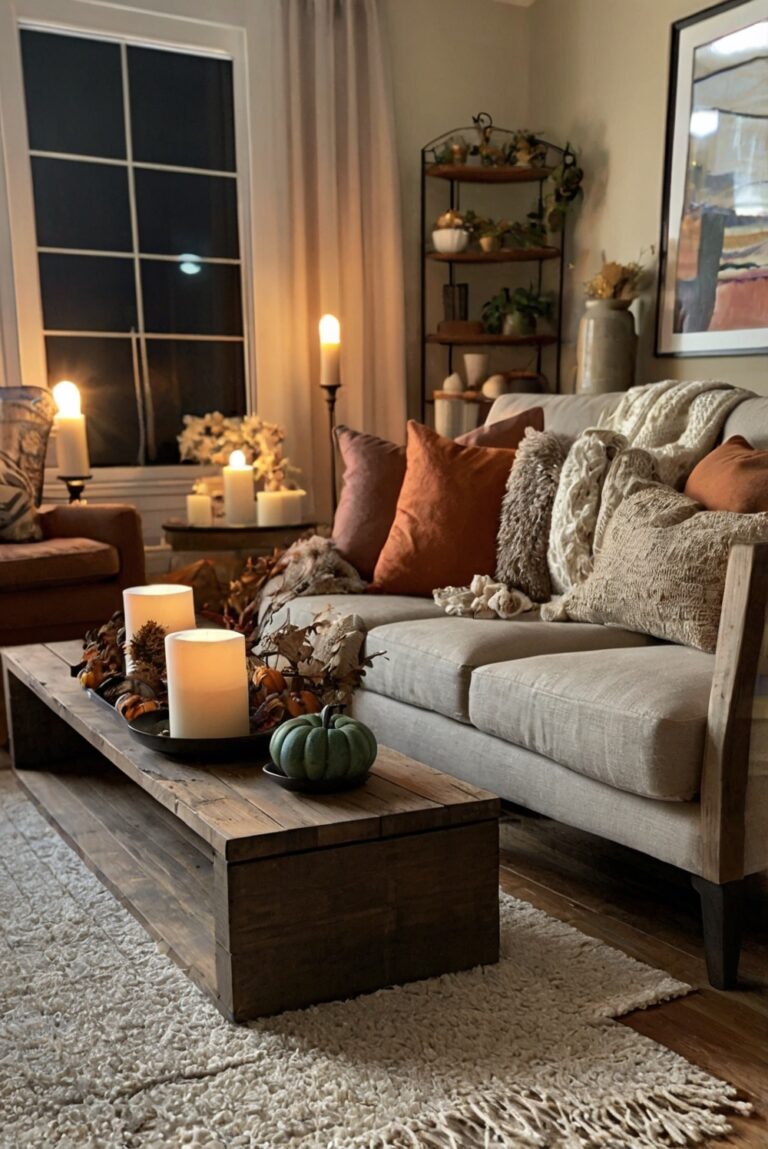 Fall decor ideas, Modern fall decor, Autumn living room decor, Fall home accents, Colorful fall decorations