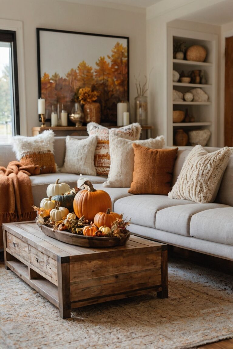 Fall decor ideas, Fall home decor, Autumn living room decor, Cozy fall decorations, Seasonal home makeover