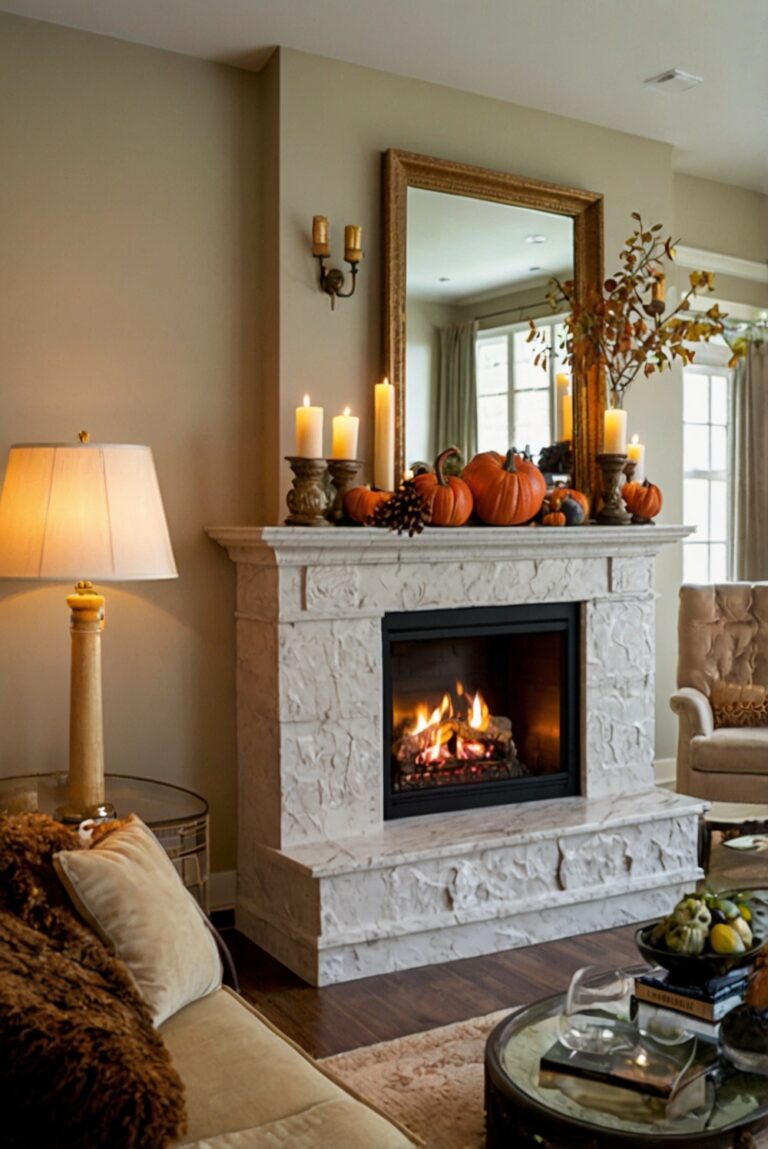 Fall mantel decor, Fireplace decorating ideas, Autumn fireplace design, Seasonal fireplace decorations, Cozy fire pit ideas