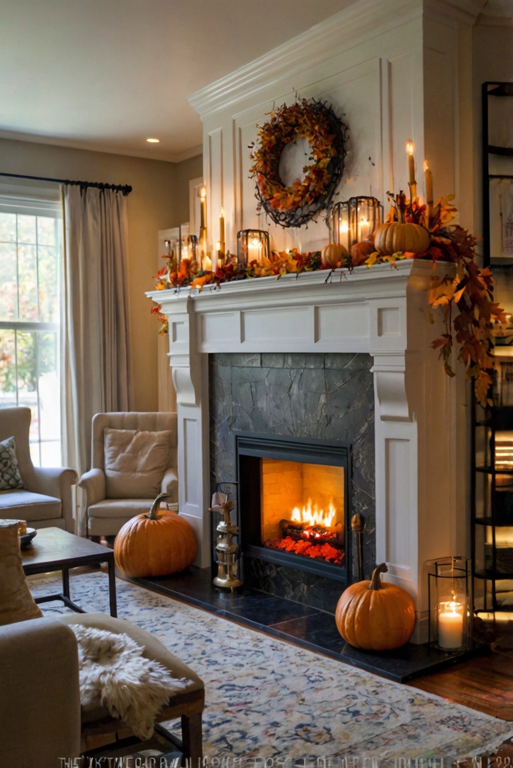 fall fireplace mantel decor, autumn home decorations, cozy fall living room, elegant fall mantel ideas, stylish autumn mantel