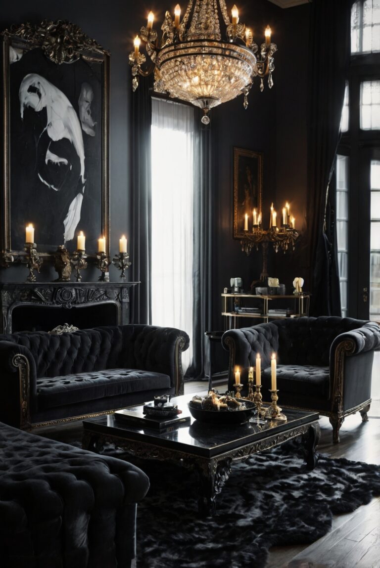 gothic home decor, dark living room ideas, dramatic interior design, gothic furniture, moody decor